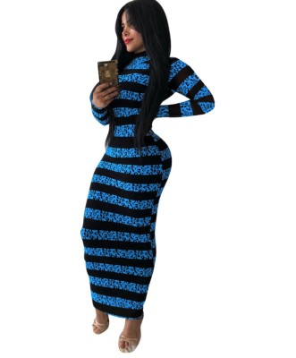 Autumn Stripes Print Long Curvy Dress with Full Sleeves