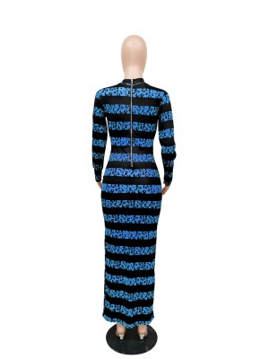 Autumn Stripes Print Long Curvy Dress with Full Sleeves