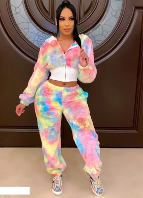 Winter Tie Dye Plush Zip Crop Top and Pants Set