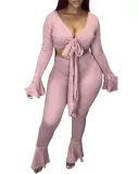 Autumn Matching Sexy Knotted Crop Top and Bell Bottom Pants Set