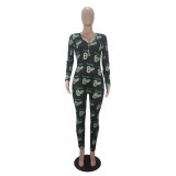 Cute Print Sexy Long Sleeve Fitted Jumpsuit