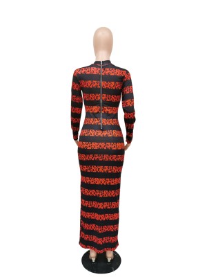 Autumn Stripes Print Long Curvy Dress with Full Sleeves