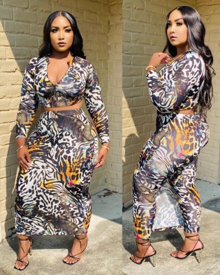 Autumn Matching Print Sexy Wild Crop Top and Long Curvy Skirt Set