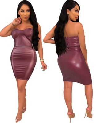 Sexy Push Up Strapless Leather Party Dress