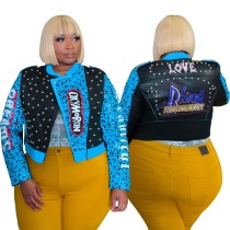 Plus Size Winter Black and Blue Zip Up Leather Coat