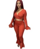 Autumn Matching Sexy Knotted Crop Top and Bell Bottom Pants Set