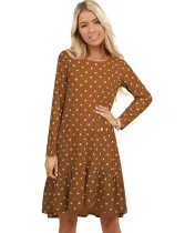 Autumn Round Neck Polka Print A-line Ruffle Dress
