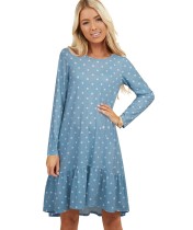 Autumn Round Neck Polka Print A-line Ruffle Dress