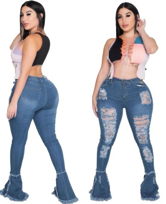 Plus Size High Waist Bell Bottom Ripped Jeans