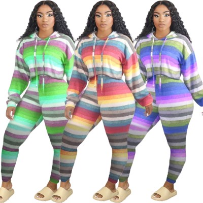 Autumn Rainbow Stripes Hoodie Top and Matching Pants Set
