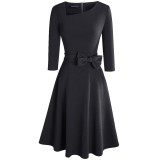 Autumn Solid Plain Tied Vintage Skater Dress with 3/4 Sleeves