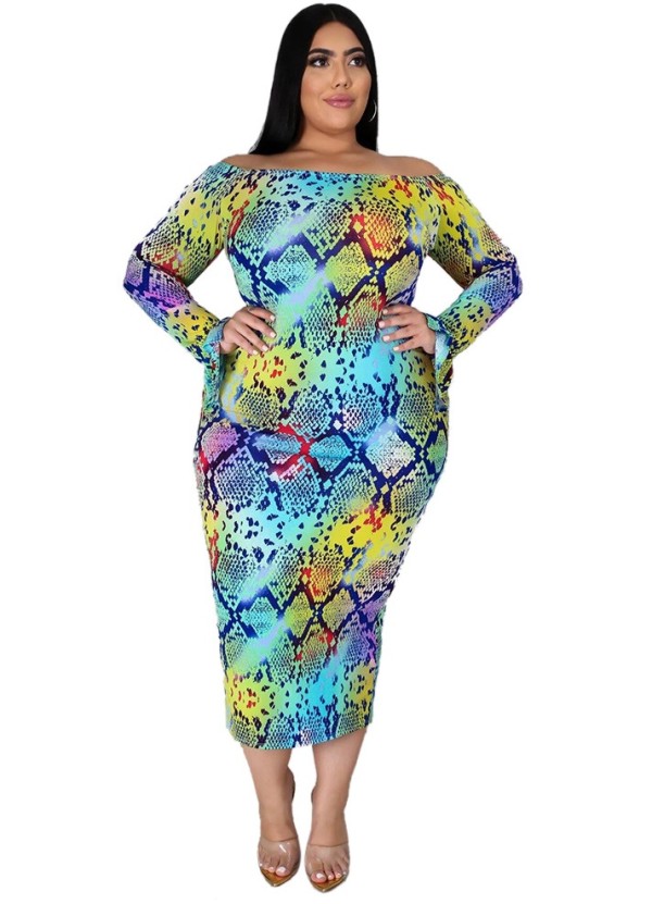 Plus Size Autumn Print Off Shoulder Midi Dress