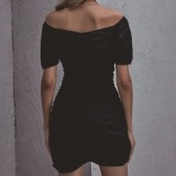 Summer Black V-Neck Ruched Mini Club Dress