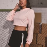 Autumn Pink Lace Up Crop Hoodie Top