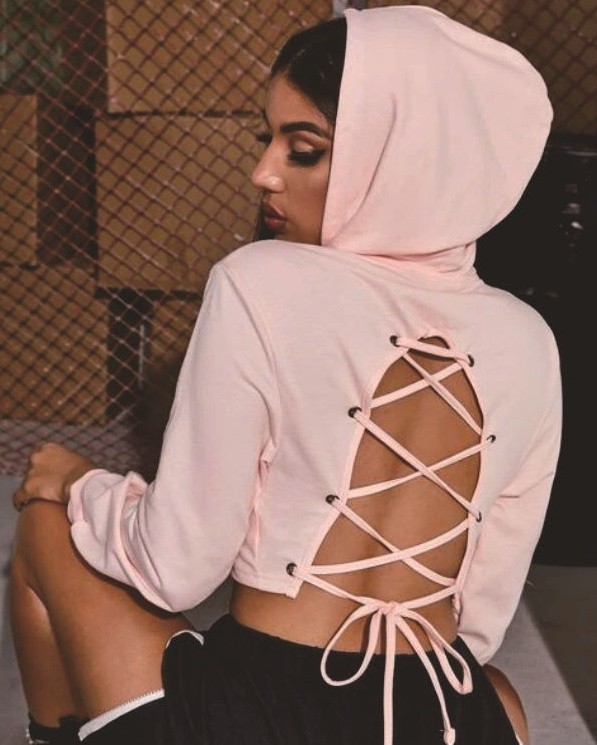 Autumn Pink Lace Up Crop Hoodie Top