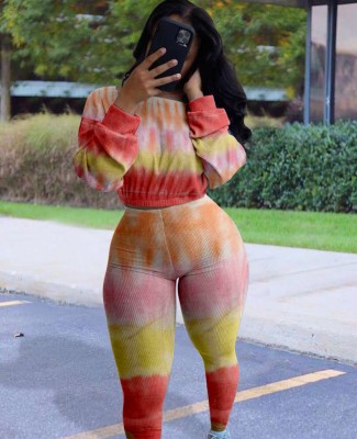 Autumn Matching Colorful Casual Crop Top and Pants Set