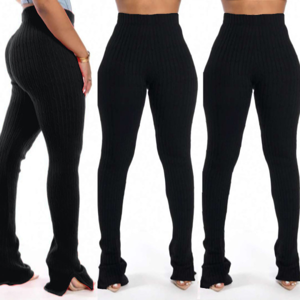 Slit Bottom High Waist Sexy Ribbed Pants