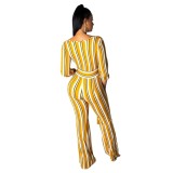 Autumn Stripes Print Wrapped Jumpsuit with Belt