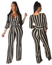 Autumn Stripes Print Wrapped Jumpsuit with Belt