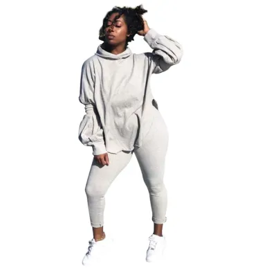 Autumn Solid Plain Matching Casual Hoody Top and Pants Set