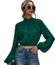 Autumn Green Puff Sleeve Turtleneck Crop Top