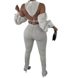 Solid Plain Matching Cut Out Hoody Crop Top and Stack Pants Set