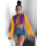 Sexy Lace Up Contrast Long Sleeve Crop Top