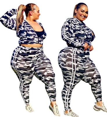 Plus Size Autumn Matching Camou Print Hoody Tracksuit