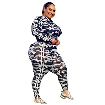 Plus Size Autumn Matching Camou Print Hoody Tracksuit