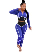 Autumn Matching Contrast Bodycon Zipper Crop Top and Pants Set