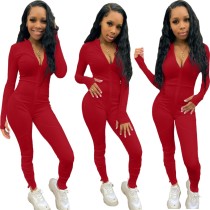 Solid Plain Sexy Long Sleeve Zip Up Bodycon Jumpsuit