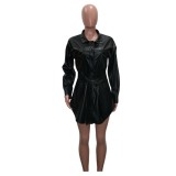 Black Leather Button Up Long Sleeve Shirt Dress with Belt