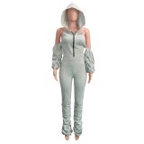 Solid Plain Matching Cut Out Hoody Crop Top and Stack Pants Set