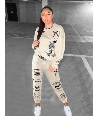 Street Style Print Round Neck Matching Sweatsuit