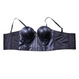 Black Leather Sexy Push Up Zipped Strap Crop Top