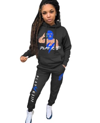 Print Long Sleeve Pocketed Hoody Jogger Suit