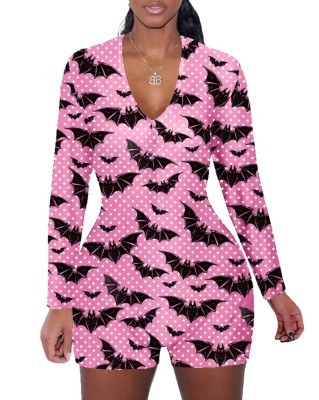 Halloween Print Long Sleeve Lounge Rompers