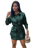 Casual Leather Button Up Long Sleeve Shirt Dress with Belt