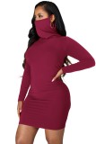 Autumn Solid Color Long Sleeve Mini Dress with Face Cover
