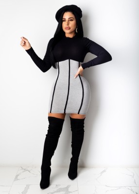 Autumn Sexy Contrast Long Sleeve Bodycon Dress