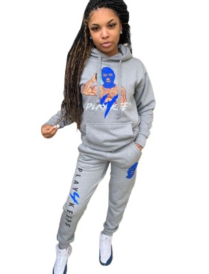 Print Long Sleeve Pocketed Hoody Jogger Suit