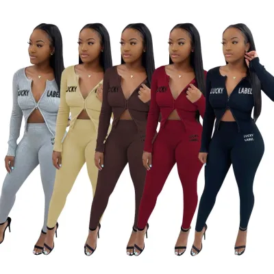 Autumn Letter Print Ribbed Zipper Crop Top and Pants Set