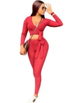 Autumn Two Piece Matching Sexy Wrapped Crop Top and Pants Set