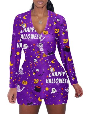 Halloween Print Long Sleeve Lounge Rompers