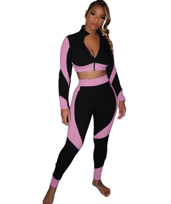 Autumn Sports Contrast Zipper Crop Top and High Waist Legging Set