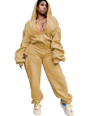 Solid Plain Zip Up Loose Hoody Tracksuit