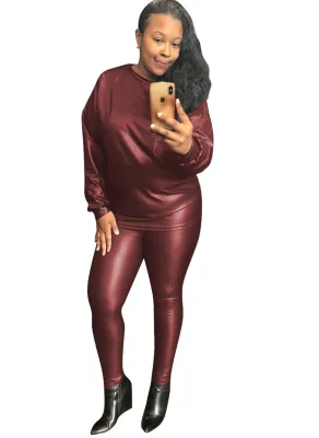 Autumn PU Leather Two Piece Matching Pants Set