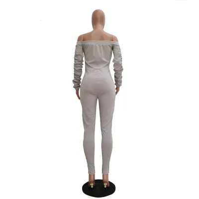 Autumn Solid Plain Off Shoulder Bodycon Jumpsuit