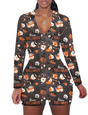 Halloween Print Long Sleeve Lounge Rompers