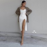 Occassional White Strap Slit Party Dress